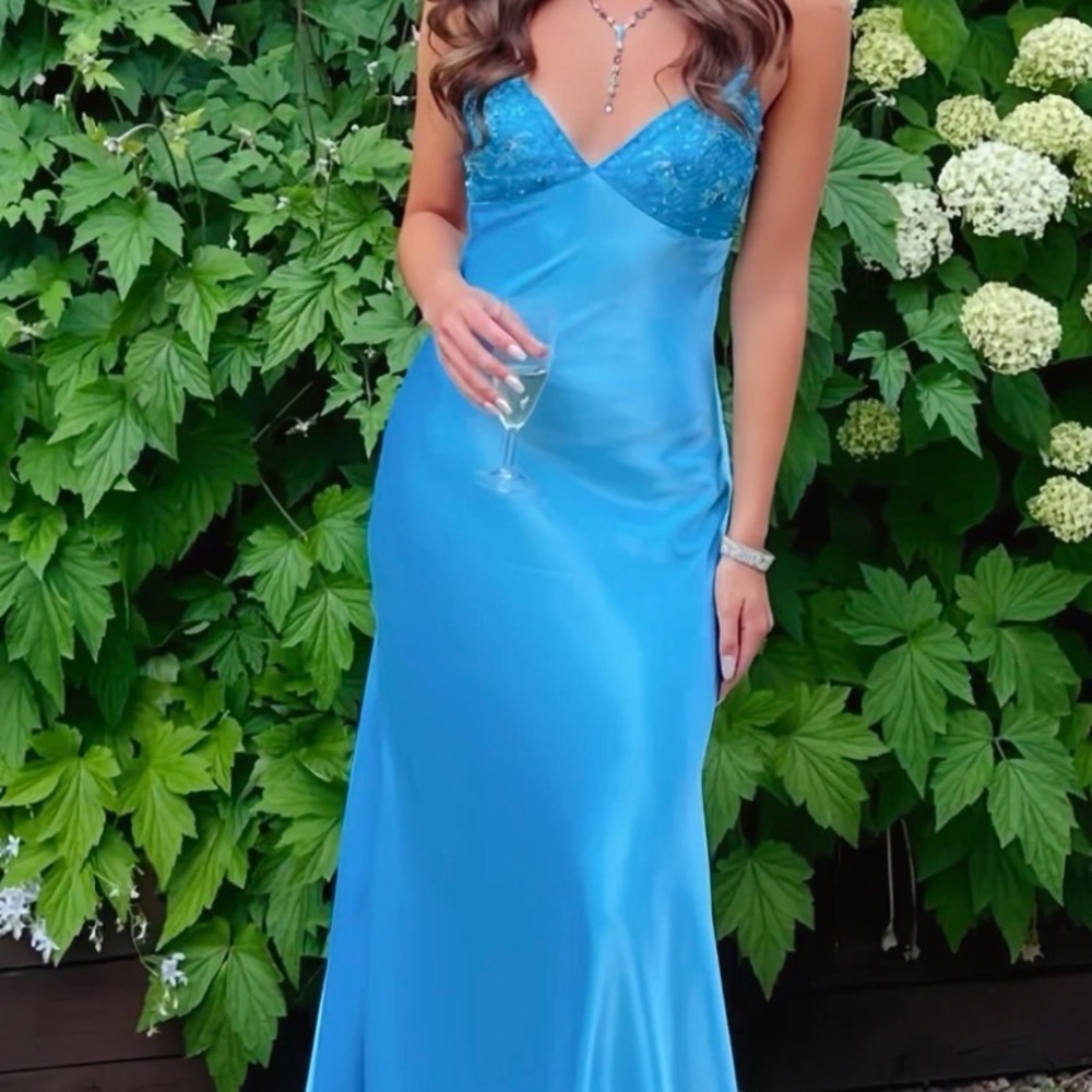 Blue Satin Lace-Trim Slip Dress Prom 6 NWT